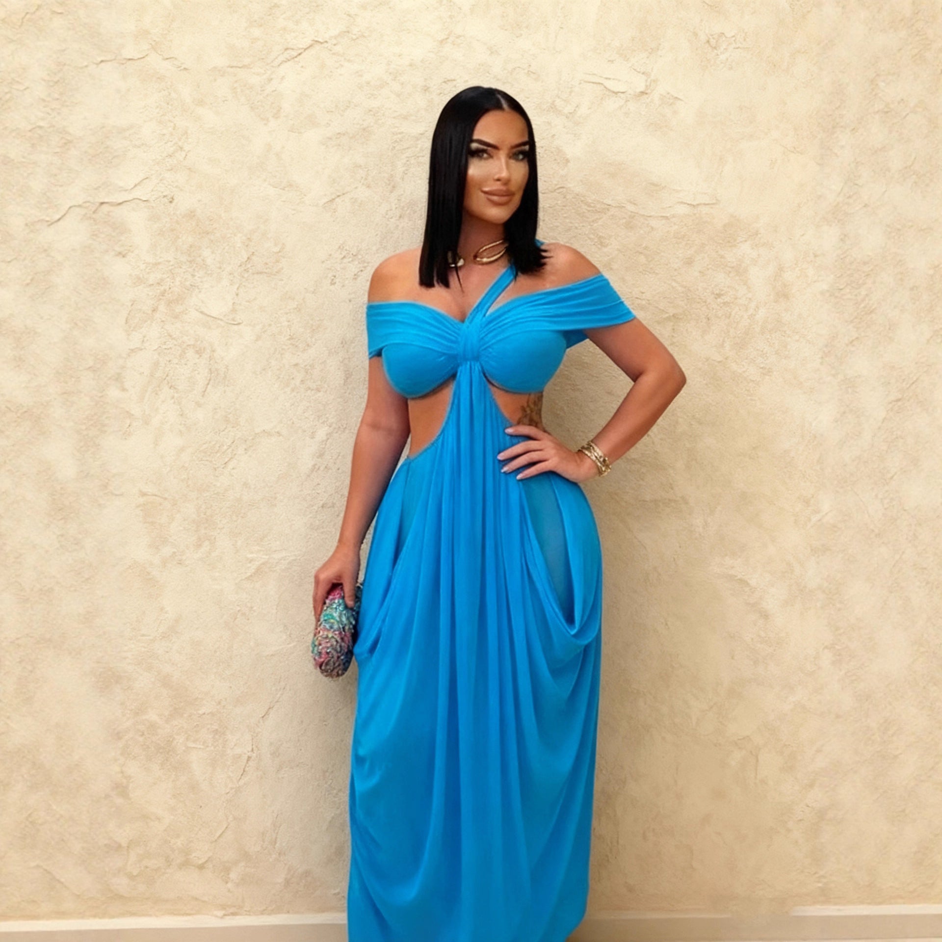 Solid-color Tube Top Hollow-out Sheer Mesh Long Dress For Women