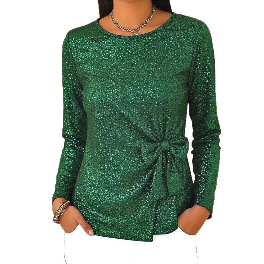 Fashionable Shiny Lace-up Bow-knot Long-sleeve Women's Pullover