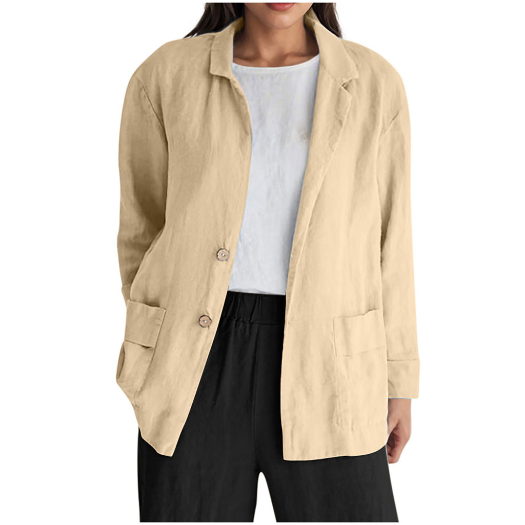 Loose-fit Solid-color Long-sleeve Cotton-linen Coat With Buttons For Women