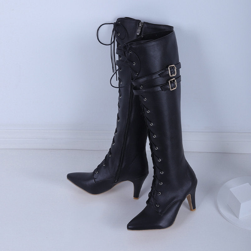 Autumn And Winter New Belt Buckle Stiletto Heel Front Lace-up High Leg Boot