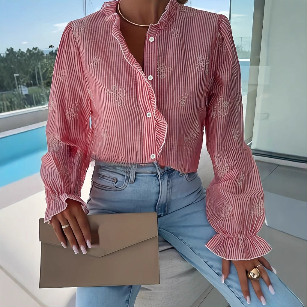 Striped Ruffled V-neck Blouse Women's Loose Top