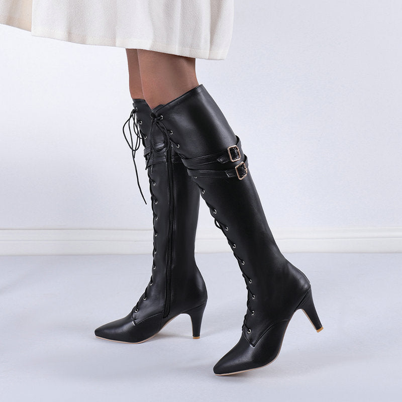Autumn And Winter New Belt Buckle Stiletto Heel Front Lace-up High Leg Boot