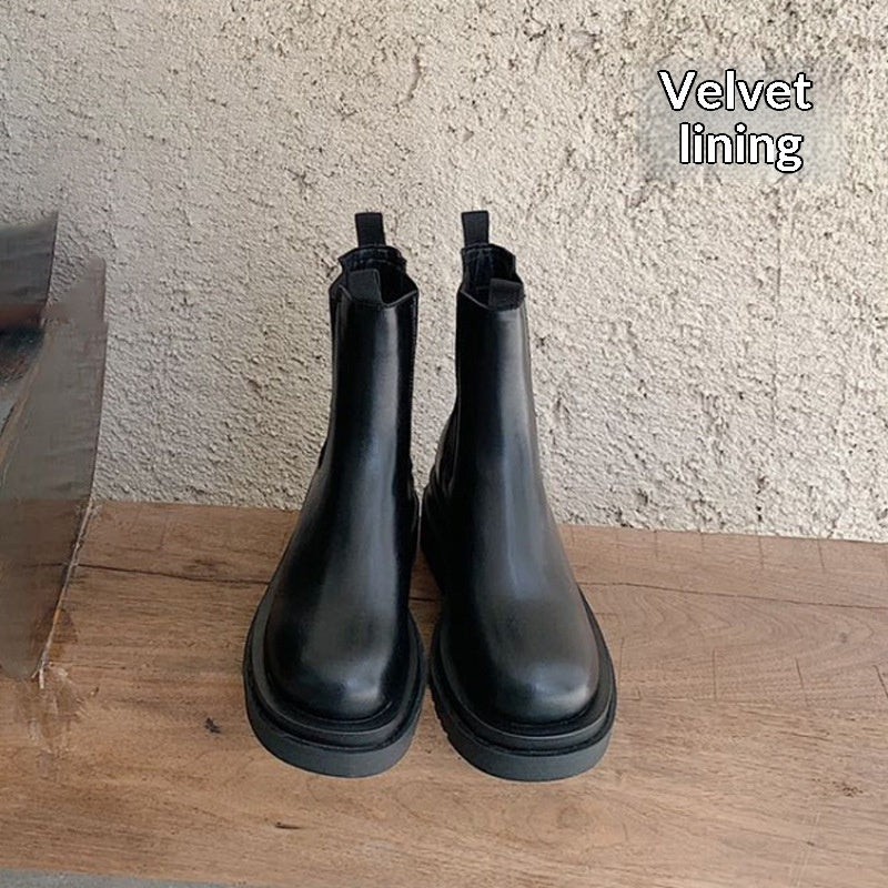 Mid-calf Thick-soled Women's Leather Boots In British Style