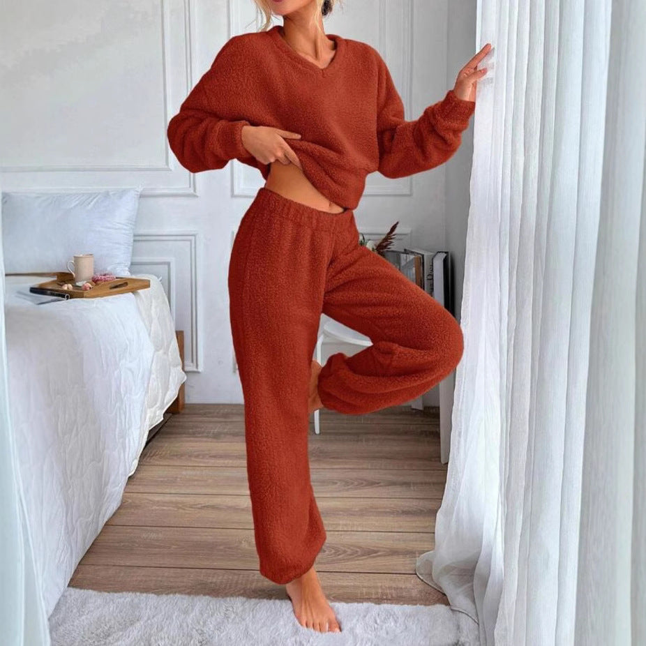 Women's Comfortable V-neck Casual Loungewear Warm Set