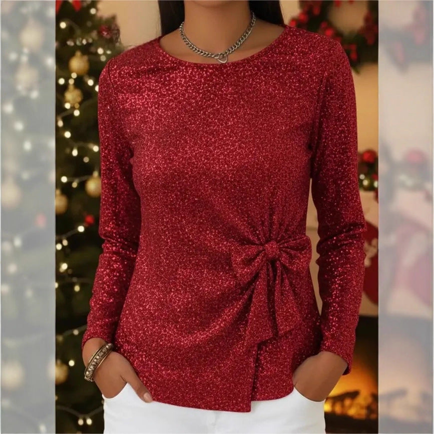 Fashionable Shiny Lace-up Bow-knot Long-sleeve Women's Pullover